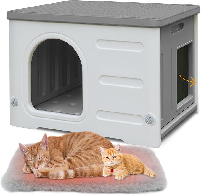 Waterproof Cat House for Outdoor Cats, Plastic Feral Cat House | with Escape with Escape Door and Soft Mat, Indoor Cat Shelter for Mutiple Cats - Grey