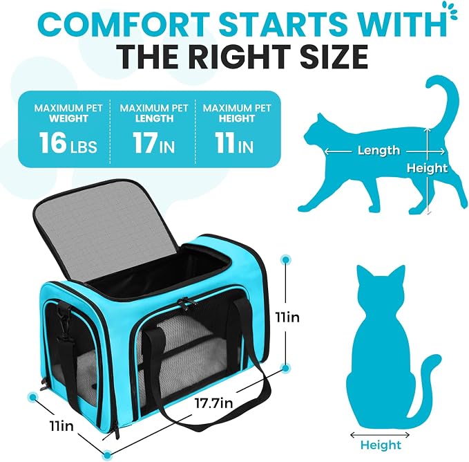 Soft-Sided Cat Carrier Expandable Pet Carrier Airline Approved Mesh Travel Carrier Up to 15lbs for Cats Small Dogs Collapsible Escape-Proof with Shoulder Strap Washable (18x11x11 Blue)