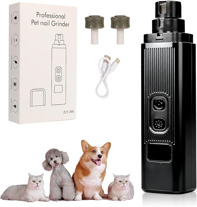 Cat Nail - Safe Cut Cat Nail Trimmer with Three Grinding Heads, Pet Nail Clippers with Light, Two Adjustable with 360° Grinding Settings, Ultra-Quiet, for All Cats ＆ Dogs (Black)