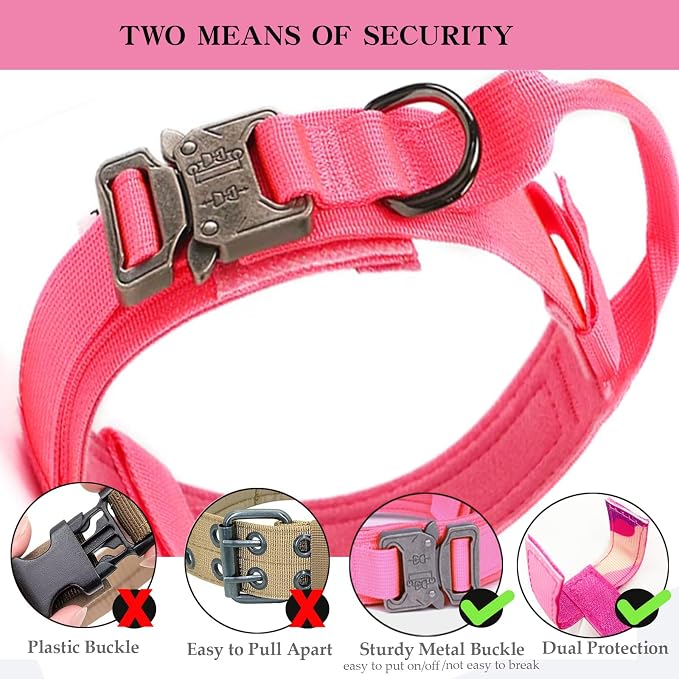 Tactical Dog Collar for Large Dogs with Control Handle,Pink,L | 1000D Heavy-Duty Nylon Fabric,Quick-Release Metal Buckle,Adjustable Fit,Soft-Padded Webbing,D-Ring,for Training & Hiking