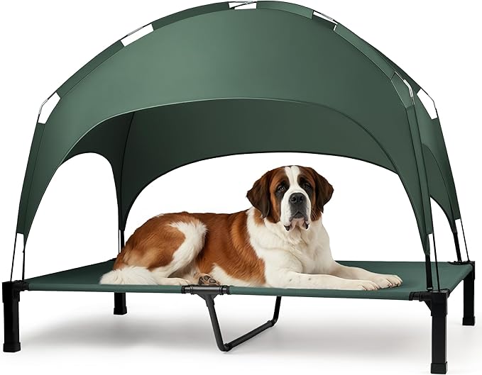 Elevated Dog Bed with Removable Canopy, Sun Protection Shade Tent Dog Cot | Portable Outdoor Dog Bed, Raised Pet Cooling Cot Bed for Dogs, 60in