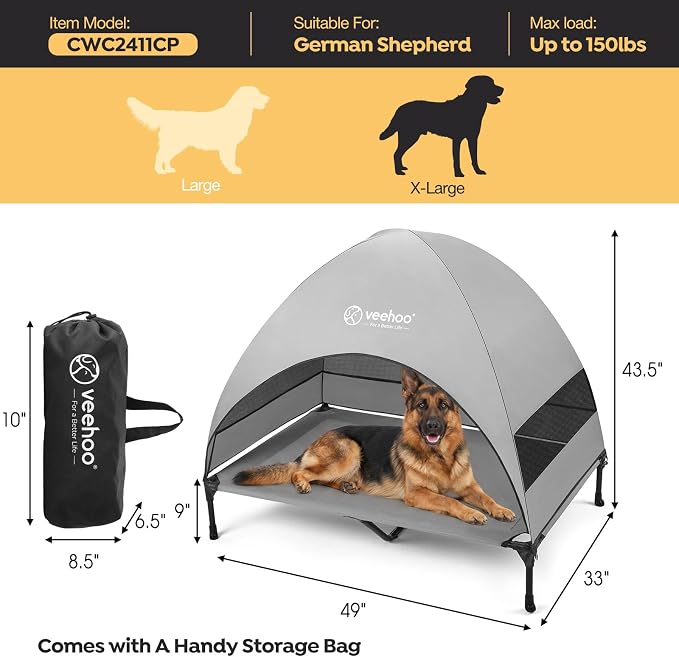 Veehoo Outdoor Dog Bed with Canopy, Cooling Elevated Dog Shade for Outside | Portable Raised Dog Cot with Removable Shade, Sun Protection Dog Tent Outdoor for Camping, Beach, 49" x 43.5", Grey