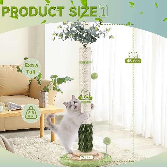 45'' Extra Tall Cat Scratching Post for Large,3.5Inch Natural Sisal Scratcher Tree with Solid Wood Base,Stable Scratch Tower with Interactive Toy,Self Groomer,Climbing Pole for Full Body Stretching