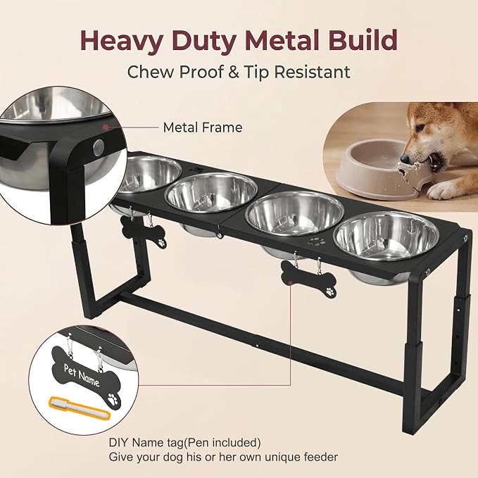 Metal Elevated Dog Bowls, Raised Dog Bowls for Medium/Large Sized Dogs with Four 58oz Stainless Steel Food Bowls, 3 Adjustable Height (8.8"/11.5"/14") Dog Bowl Stand Protect Neck & Joints