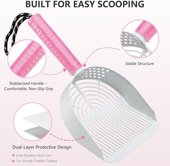 Cat Litter Scoop with Holder, 3 in 1 Metal Kitty Scooper | Heavy Duty Deep Litter Sifter with Dustpan & Mini Broom, Dual Coarse & Fine Grid, Quick Sift, Universal for All Cat Litter