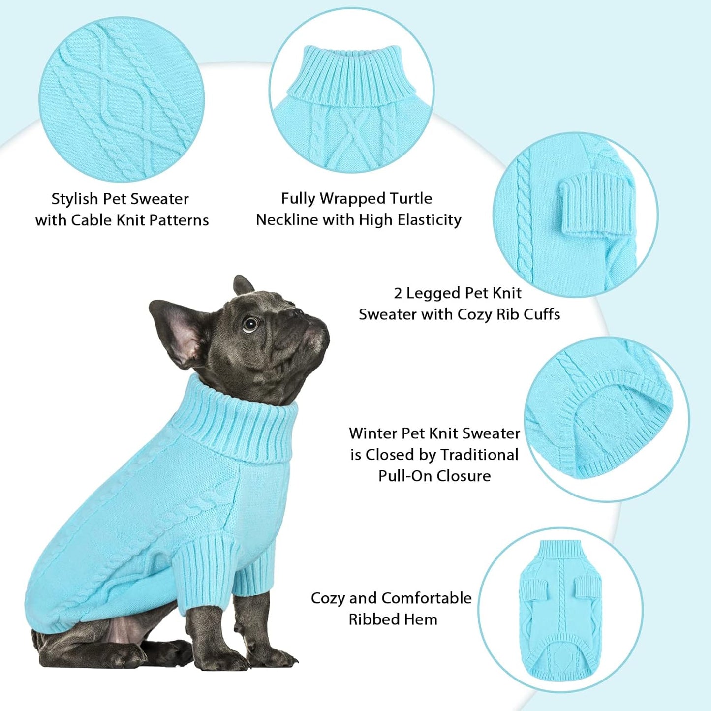 Queenmore Small Dog Pullover Sweater, Cold Weather Cable Knitwear, Classic Turtleneck Thick Warm Clothes for Chihuahua, Bulldog, Dachshund, Pug (Sky Blue, Small)