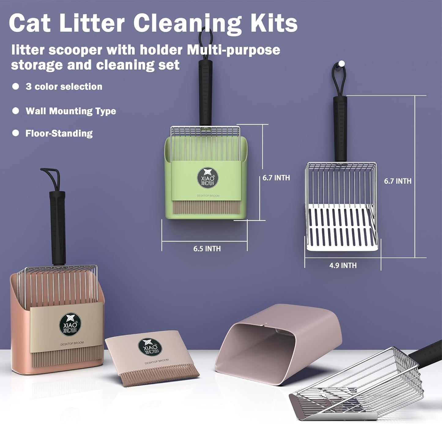 metal Cat Litter Scooper Kit - Durable large steel litter scoop with Dual Grid, Includes Broom & Dustpan for Quick, Easy Cleaning