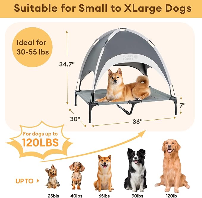 Outdoor Elevated Dog Bed with Canopy for Medium Dog, 36" Grey | Portable Raised Camping Pet Cot Hammock,Breathable Teslin Mesh,Weather Resistant,For Medium Pet Up to 55 lbs,Easy to Assemble