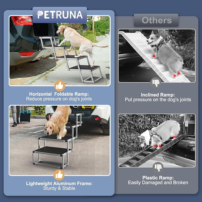 Foldable Dog Stairs for Car, 17" Aluminum Dog Steps for Car 4 Steps | Collapsible Dog Ramp for Car with Non-Slip Surface, Portable Pet Ramps Stairs SUV, High Beds, Truck, Supports up to 200 lbs