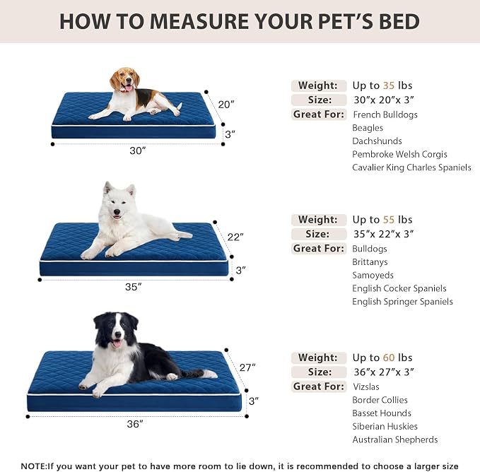 WNPETHOME Orthopedic Waterproof Dog Bed Medium for Comfy Sleeping | Washable Medium Pet Bed with Removable Cover, Multi-Needle Quilting Dogs Crate Bed Blue 30x20 Inch