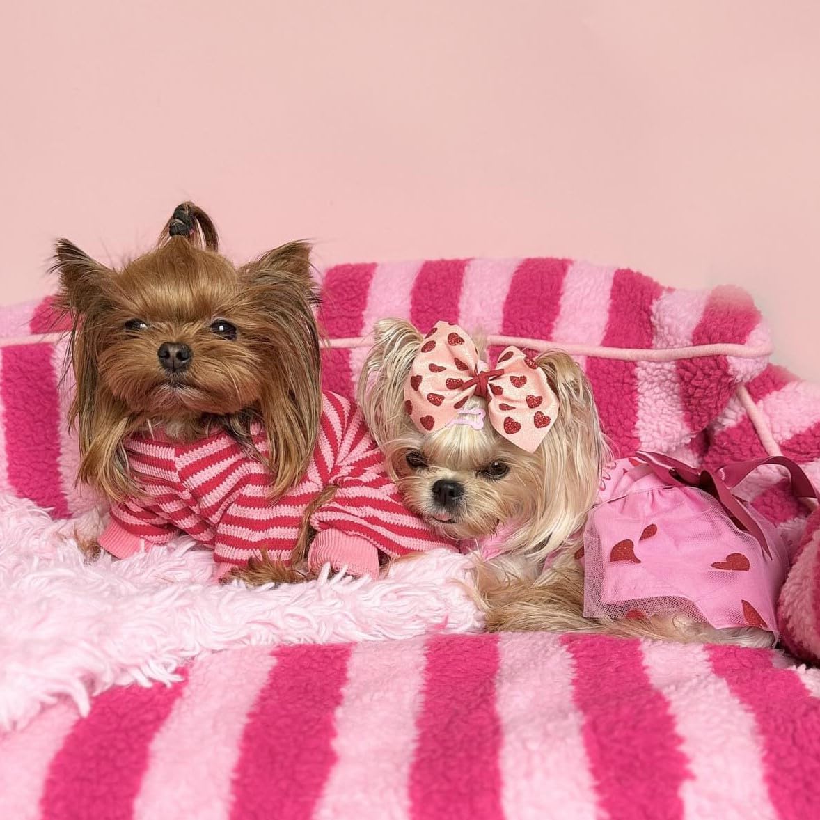 Fitwarm Pink and Red Striped Dog Pajamas, Waffle Dog Clothes for Small Dogs Girl Boy, Puppy Onesie with Feet, Pet Cat Outfit, Medium