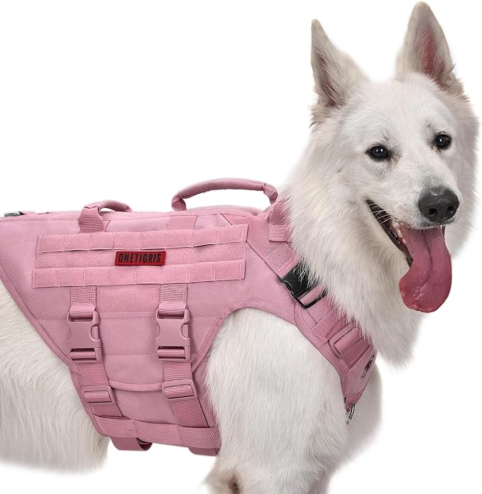 OneTigris Large Tactical Dog Harness, No Pulling Adjustable Dog Vest Harness, Heavy Duty Dog Harness with Handle, Large Hook and Loop Panels for Patch(Pink,XL