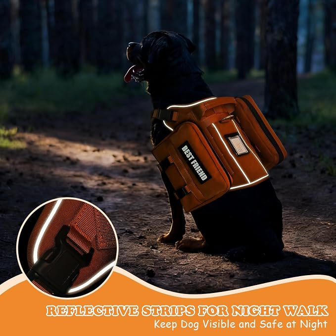 Dog Backpack Harness and Leash Set for Large Dogs Orange XL | Removable Side Pockets Dog Vest with Padded Handle&MOLLE,No Pull Front&Back Metal Clips for Hiking Training Walking Hunting