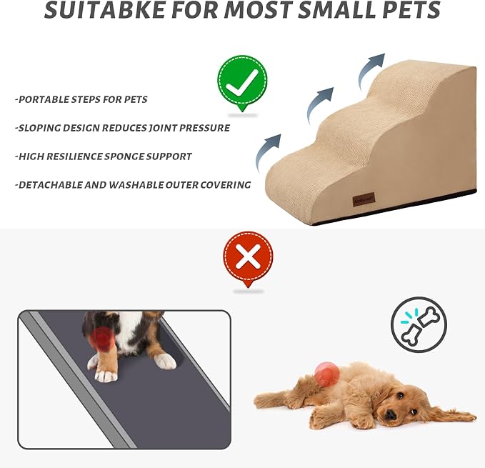 Aodisman Dog Stairs for Small Dogs and Cats,3-Step Pet Ramp for Couch,Chair | 15.7" H Non-Slip Sturdy Dog Steps with Curved Ramp for Senior,Short-Legged Dogs,Puppy and Cats to Reach Sofa or Chair,Khaki