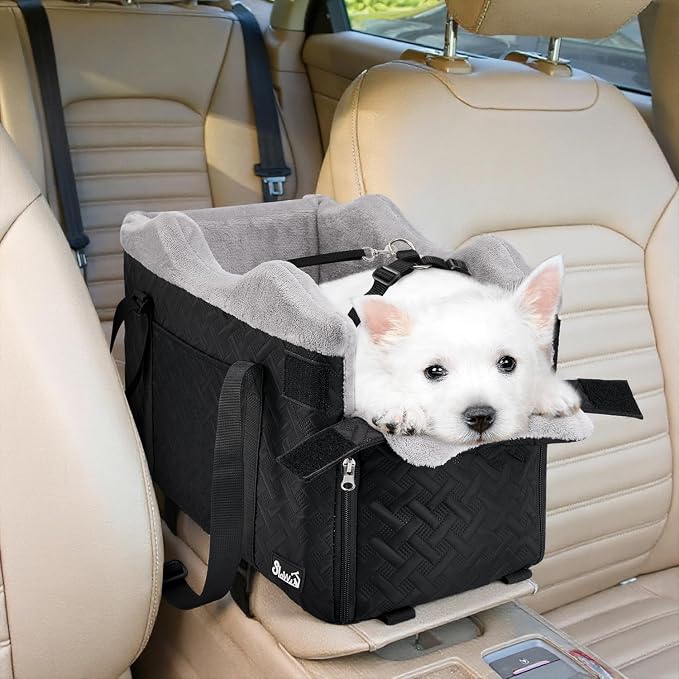 SlowTon Console Dog Car Seat - Portable Center Dog Car Seat for Small Dogs up to 9 lbs, Washable Pet Carseat with Soft Cushion Safe Protection Hooks & Storage Pocket, Black