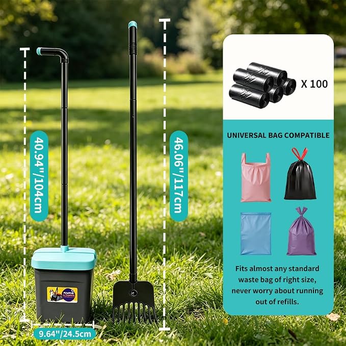 Pooper Scooper, 46" Long Handle Heavy Duty Picker-Upper, Swivel Bin Rake Kit with Bag Attachment, 100 Waste Bags for Small Large Dogs Puppy Poop Trash Litter Cleanup Yard Outdoor Pet Essentials