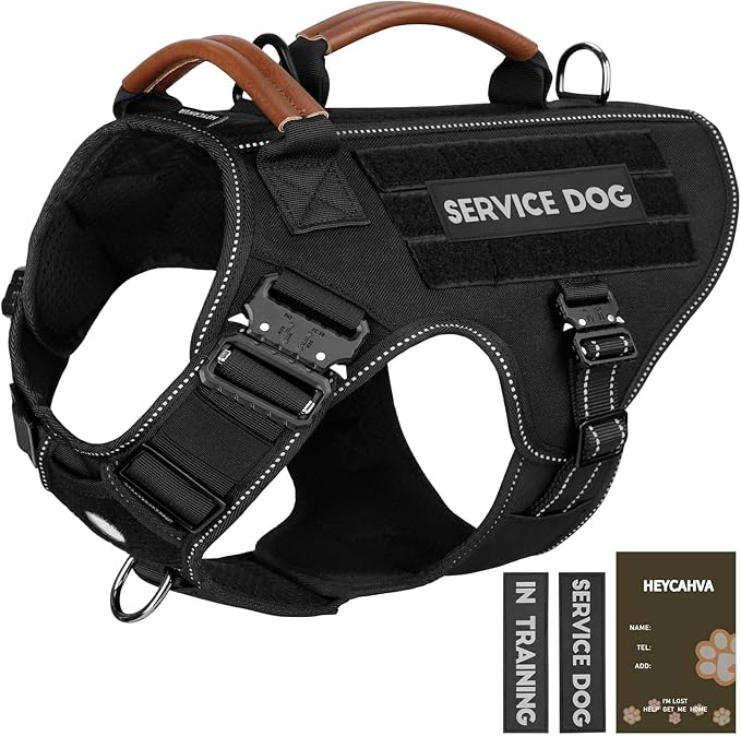 Service Dog Vest - HEYCAHVA Tactical Dog Harness Full Metal Buckles for Large Medium Dog Reflective No Pull Dogs Harnesses Vest with Leather Handle, Hook & Loop for Hiking Training (Black, L)