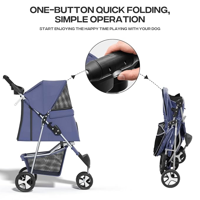 Pet Stroller for Small Dogs 10 lbs, Dog Stroller for Medium Dogs 30 lbs, Cat Strollers for 2 Cats, 3 Wheels Foldable Jogger Puppy Stroller with Storage Basket and Cup Holder, Navy Blue