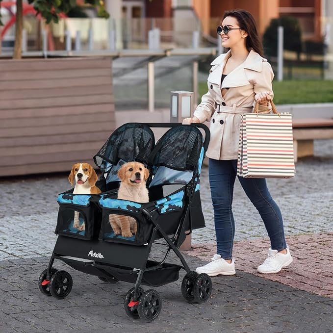 PETSITE Double Pet Stroller, Foldable Double Dog Stroller with 2-Seater Carrier, Adjustable Sunshade, Removable Pad, Safety Belt, Storage Basket, 4-Wheel Pet Travel Cart for 2 Puppies & Cats (Navy)