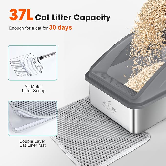 AIPERRO Stainless Steel Litter Box | XL Enclosed Cat Litter Boxs with Lid for Big Cats | High Sided, Anti-Urine Leakage | Non-Stick Bottom & Includes Litter Mat & Metal Scoop (Dark Gray)