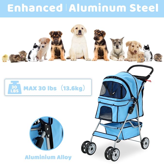 Pet Stroller for Small Medium Dogs & Cats, 4-Wheel Breathable Compact Foldable Dog Carrier with Storage Basket, Outdoor Portable Lightweight Travel Stroller for Camping,Blue