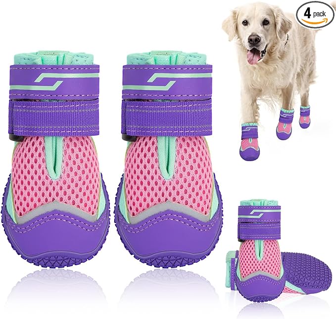 SlowTon Dog Shoes for Large Small Medium Dogs - Breathable Dog Boots for Summer Hot Pavement, Paw Protector for Outdoor Walking Winter Snow, Anti-Slip Rubber Dog Booties for Hardwood Floor (PU PI, 6)