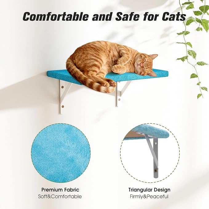 5 Pcs Wall-Mounted Climber Set, Wood Indoor with Shelves and Perches, Ladder, Condo House, Scratching Board and Tree, Wall Shelves Furniture for Cats (Ocean Blue)