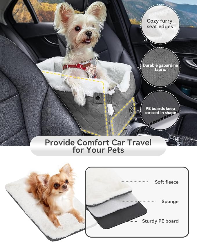 PETSFIT Center Console Dog Car Seat with Adjustable Seat-Rail Anchor Hooks | Anti-Collapse Armrest Booster Car Seat with Safety Tether, Washable Cushion, Soft Pillow for Pets Under 8 lbs, Grey