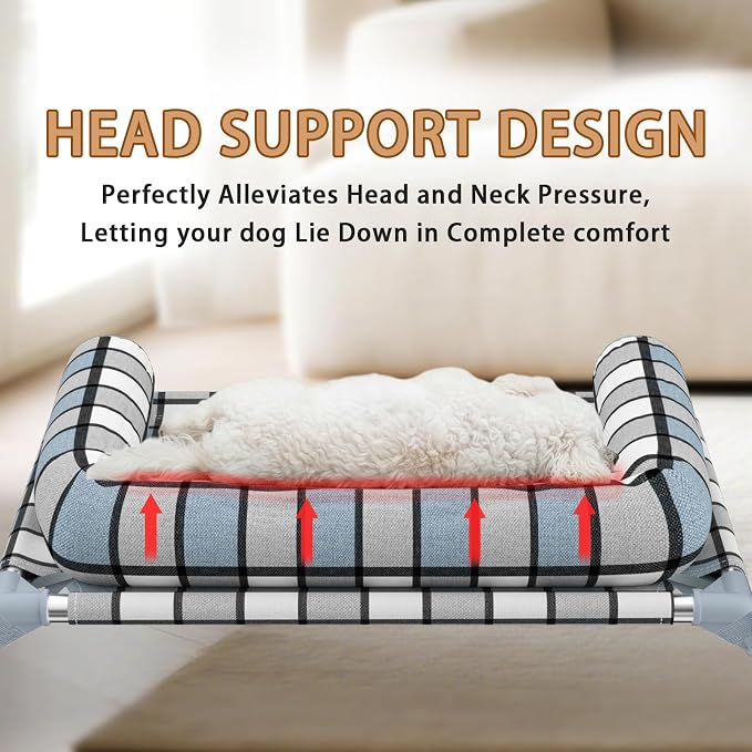 Elevated Dog Bed with Bolster,Portable Raised Lifted Pillow Pet Cot Beds | Breathable Fabric Dogs Hammock Bed for Indoor & Outdoor, Stainless Steel Frame, Anti-Slip Feet