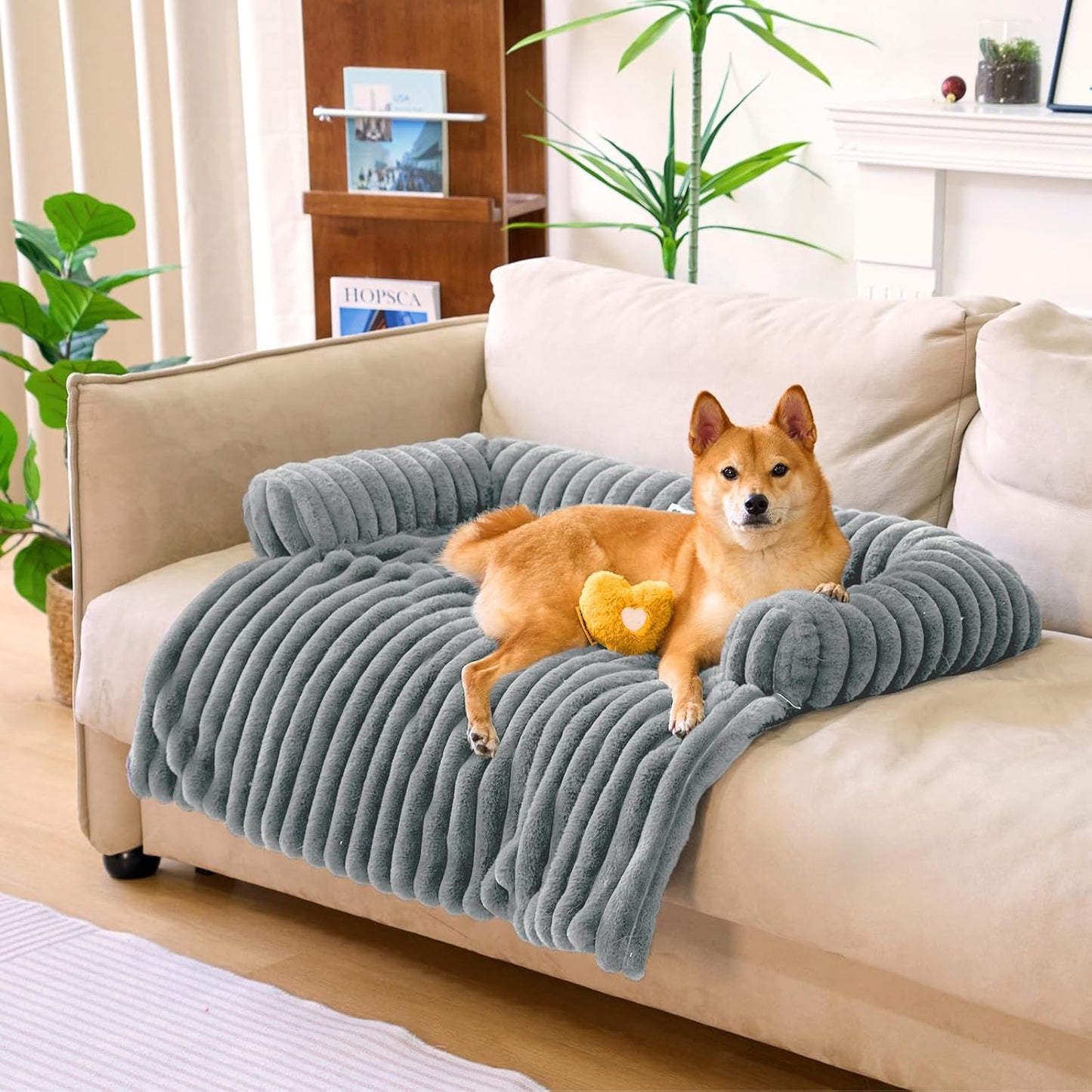 FUNNY FUZZY Pet Couch Cover for Sofa, Calming Dog Bed for Couch, Fluffy Plush Dog Couch Mat for Furniture Protector for Large Medium Small Dogs and Cats, Mist Grey