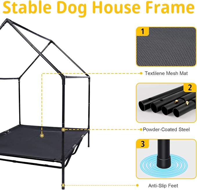 48'' Large Dog House Outdoor for Large Dogs Outside, Dog Tent, Pet House | Weatherproof Large Dogs House with Textilene Elevated Dog Bed, Breathable Dog House Outdoor with Windows and Sunshades