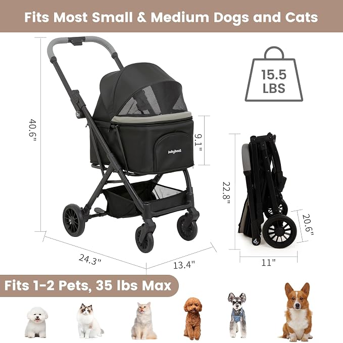Babyboat Portable Dog Stroller for Small Dogs Cats Up to 35 Lbs - Black | One Hand Folding Compact Travel Pet Stroller with Convertible Canopy, Storage Basket, Cup Holder