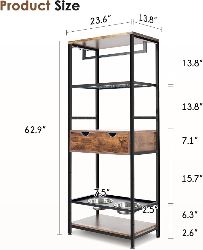 Dog Feeding Station Storage Furniture Shelves with Drawer, 3 Levels Height Adjustable Raised Dog Bowls