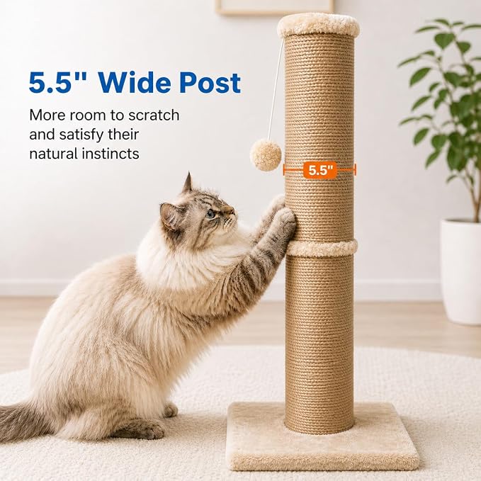 Sisal Cat Scratching Post for Indoor Cats & Kittens, 5.5" Diameter Heavy Duty Vertical Scratcher, 32 Inch Extra Tall Furniture Protector with Stable Base, Yellow