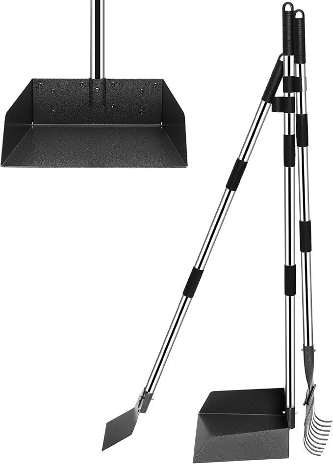 Niubya Pooper Scooper for Dogs, Metal Poop Scooper Tray and Rake Set with Adjustable Long Handle, Dog Pooper Scooper for Pet Waste Removal