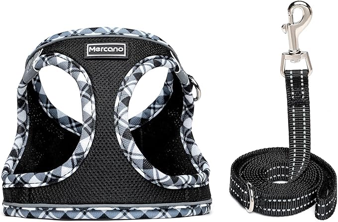 Mercano Soft Mesh Dog Harness and Leash Set, No-Chock Step-in Reflective Breathable Lightweight Easy Walk Vest Harnesses with Safety Buckle for Small Dogs, Cats (Black White, XXS)