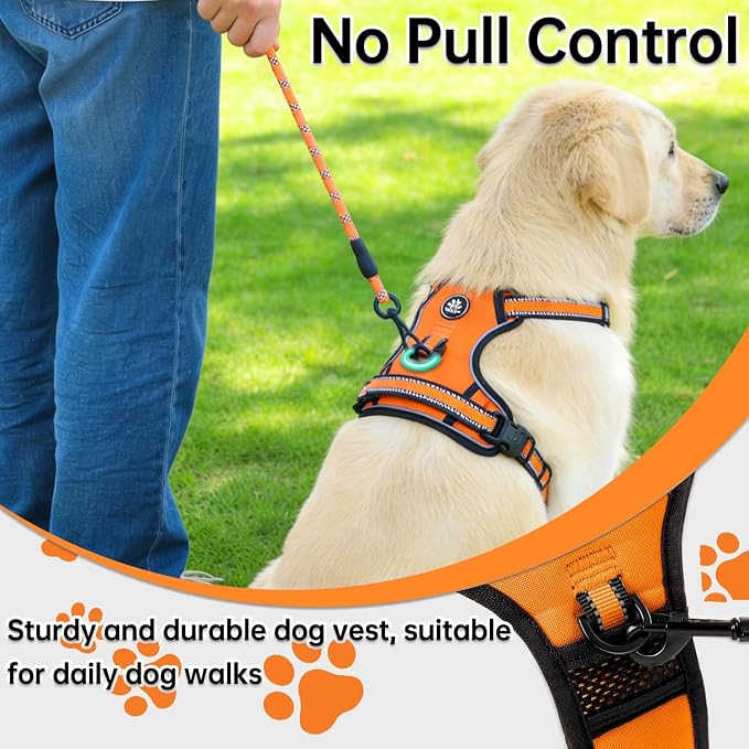 NESTROAD No Pull Dog Harness,Adjustable Oxford Dog Vest Harness with Leash,Reflective No-Choke Pet Harness with Easy Control Soft Handle for Small Medium Dogs(Medium,Orange)