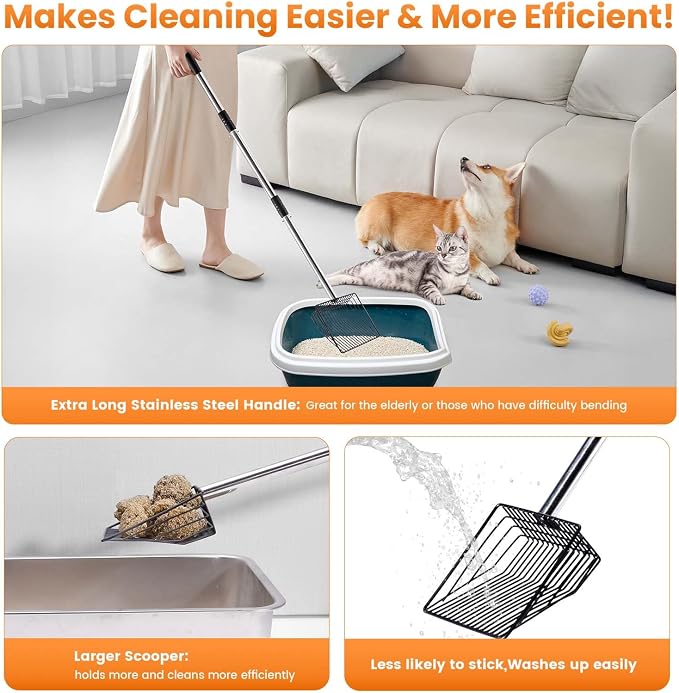 PETOCAT Cat Litter Scoop 43 inch Metal Litter Scooper with Stainless Steel Long Handle, Upgraded Large Kitty Box Scooper Heavy Duty Deep Shovel for Fast Sifting, Dog Waste Scooops for Outside Pet Poop