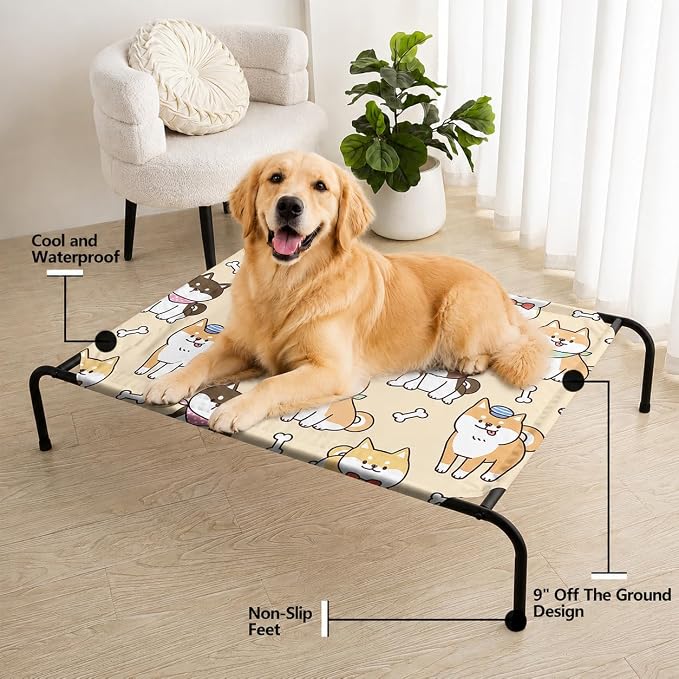 Kawaii Yellow Dogs Bone Pattern Orthopedic Elevated Dog Pet Bed (47"X31"X9"),with Metal Frame,Breathable Waterproof Dog Kennel,Sleeping Bed for Small Medium Large Dogs Cats,for Home,Outdoor Use