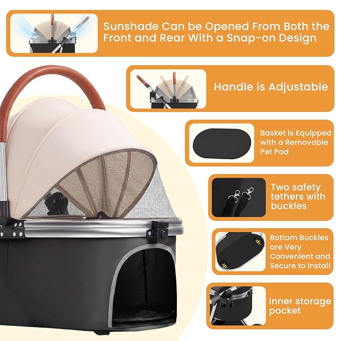 Dog Strollers for Small Medium Dogs Cats 44 lbs,3-in-1 Detachable Pet Carrier Stroller,4 Wheels One-Hand Fold Travel Carriage with Storage Basket,Pet Pad,Cup Holder,Khaki