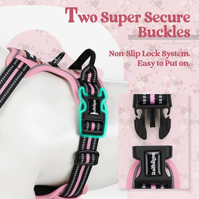 rabbitgoo Dog Harness, No Pull for Large Dogs with 2 Leash Clips, Pet Vest | No Choke with Handle, Adjustable Soft Padded, Reflective, Easy Control for Walking, Pink Rose, Large