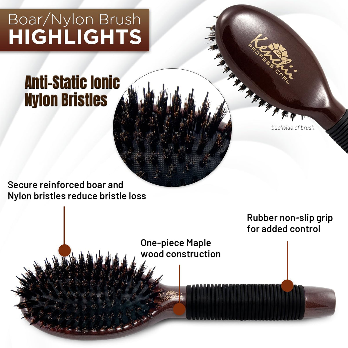 Kenchii Boar and Nylon Bristle Dog/Cat Grooming Brush with One-Piece Maple Body-Choose Size Large, Small (Small)