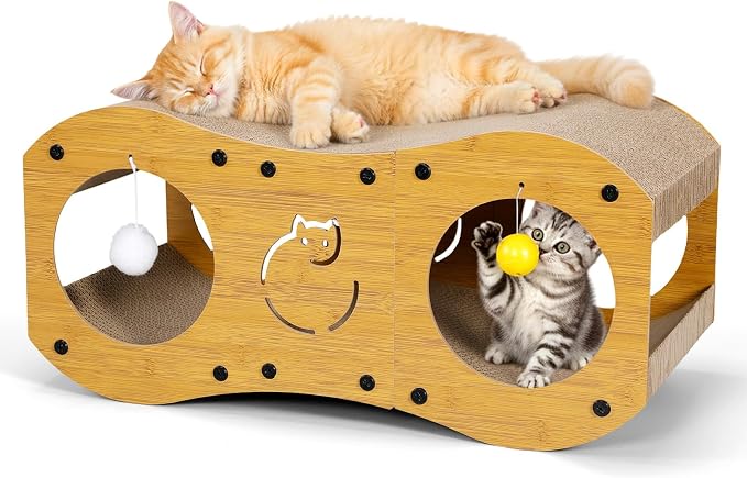 Gimars Cat Scratchers, Bridge Shaped Cardboard Cat Scratcher & Curved Lounge Bed with Toy Balls, Hideout Cave Scratch Pad for Cats, Furniture Protector, Cat Scratchers for Indoor Cats