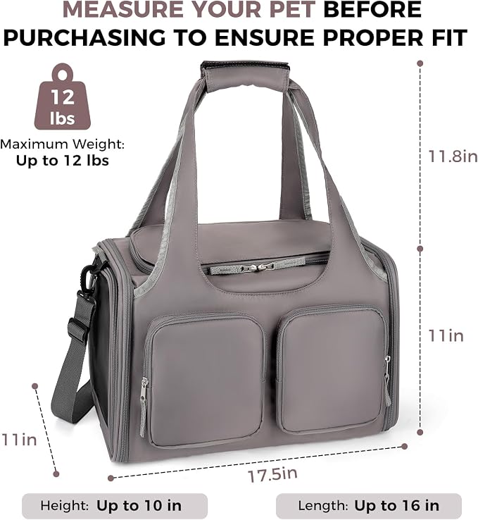 Dog, Cat Carrier for Pets Up to 12 Lbs, Airline Approved Collapsible Soft-Sided Pet Travel Bag with Locking Zippers, Breathable Mesh and 4 Large Pockets, Removable Fleece Pad (Grey)