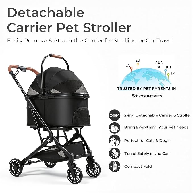 Pet Stroller for Cats and Small Dogs, Cat Strollers for 2 Cats with Detachable Carrier, Safety Leashes, Ventilated, Foldable,Pet Car Seat, All-Terrain Wheels, Storage Basket & Cup Holder, Black