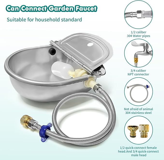 Automatic Water Dispenser for Dogs,304 Stainless Steel Float Valve Pet Bowl | Self-Filling, Wall Mounted, 2.5L Capacity, Drain Plug for Easy Clean, for Large Dogs Chickens Horses, Yard Farm Outdoor Use