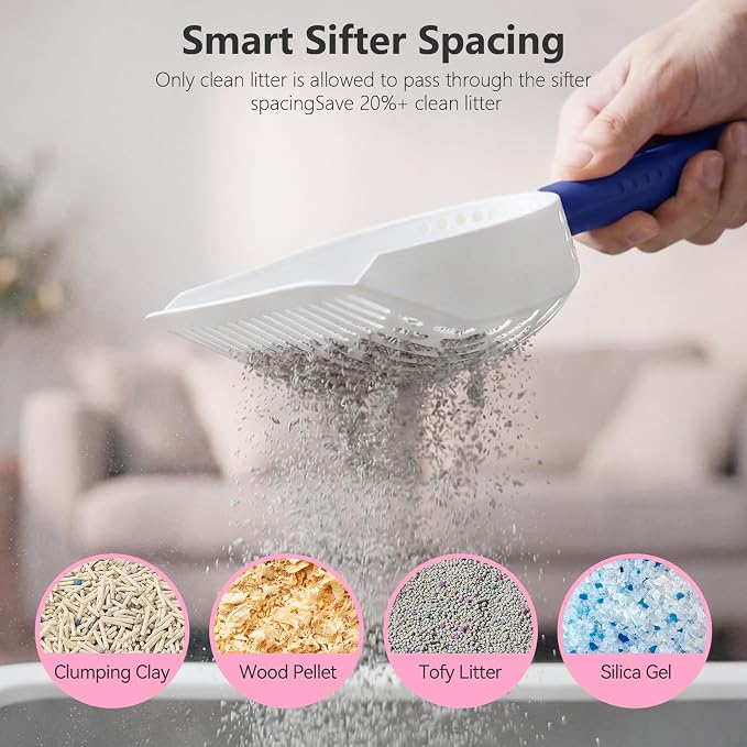 Cat Litter Scoop with Holder, 3 in 1 Metal Kitty Scooper | Heavy Duty Deep Litter Sifter with Dustpan & Mini Broom, Dual Coarse & Fine Grid, Quick Sift, Universal for All Cat Litter