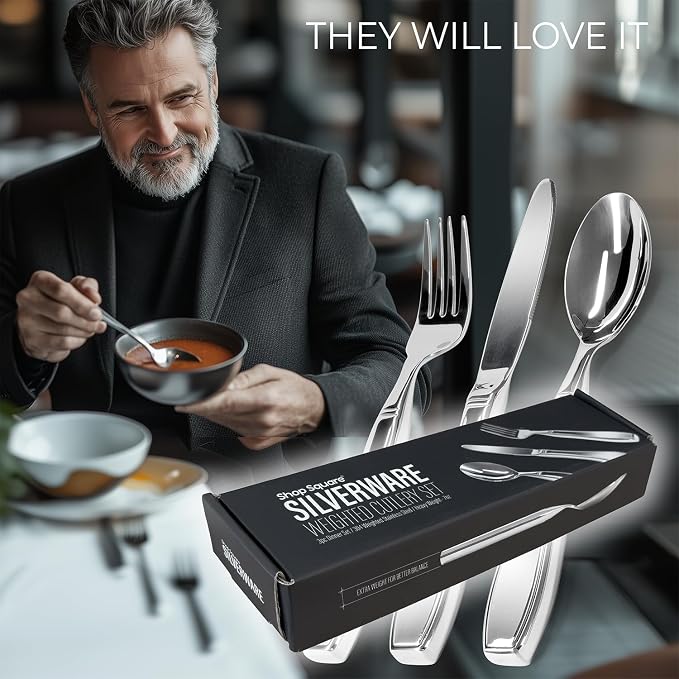 Weighted Utensils for Hand Tremors and Parkinson's Patients - 3 Piece Set Weighted Silverware for Elderly, Arthritis, Weak Hand Grip - Convenient Travel Bag, Stainless Steel, 7 Oz