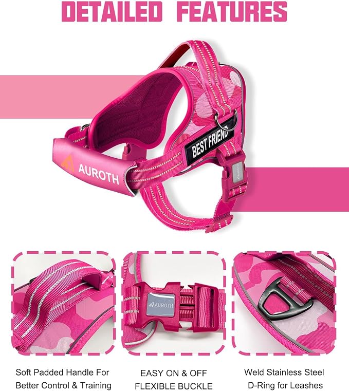 AUROTH Dog Harness and Leash Set Small Sized Dog, No Pull Escape Proof Vest | with Leash Clips, LED light clip, Breathable Mesh Padded No Choke, Easy Walking and Training, Pink Camo, Small