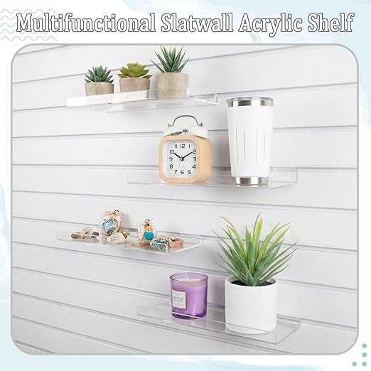 Yalikop 4 Pcs Slatwall Shelves Clear Acrylic Slatwall Shelves Organizer Wall Mounted Hanging Accessories Plastic Panel Display Shelf for Retail Store Boutique Garage Home(No Fence Style,12 x 5 Inch)
